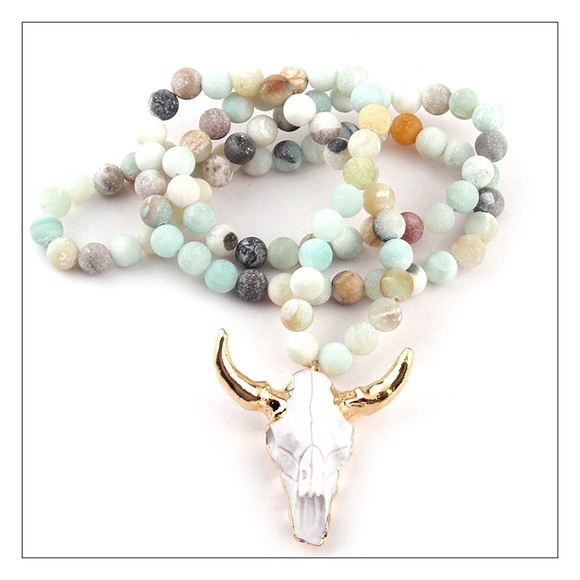 ♦️Last 1♦️ Amazonite Beaded Boho Skull Necklace - Picture 2 of 3